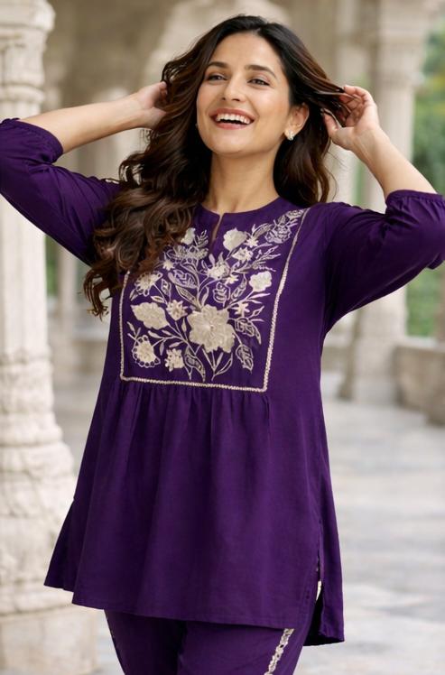 Krishna Creations Embroidered Cotton Kurta Pant Set for Women - Krishna Creations