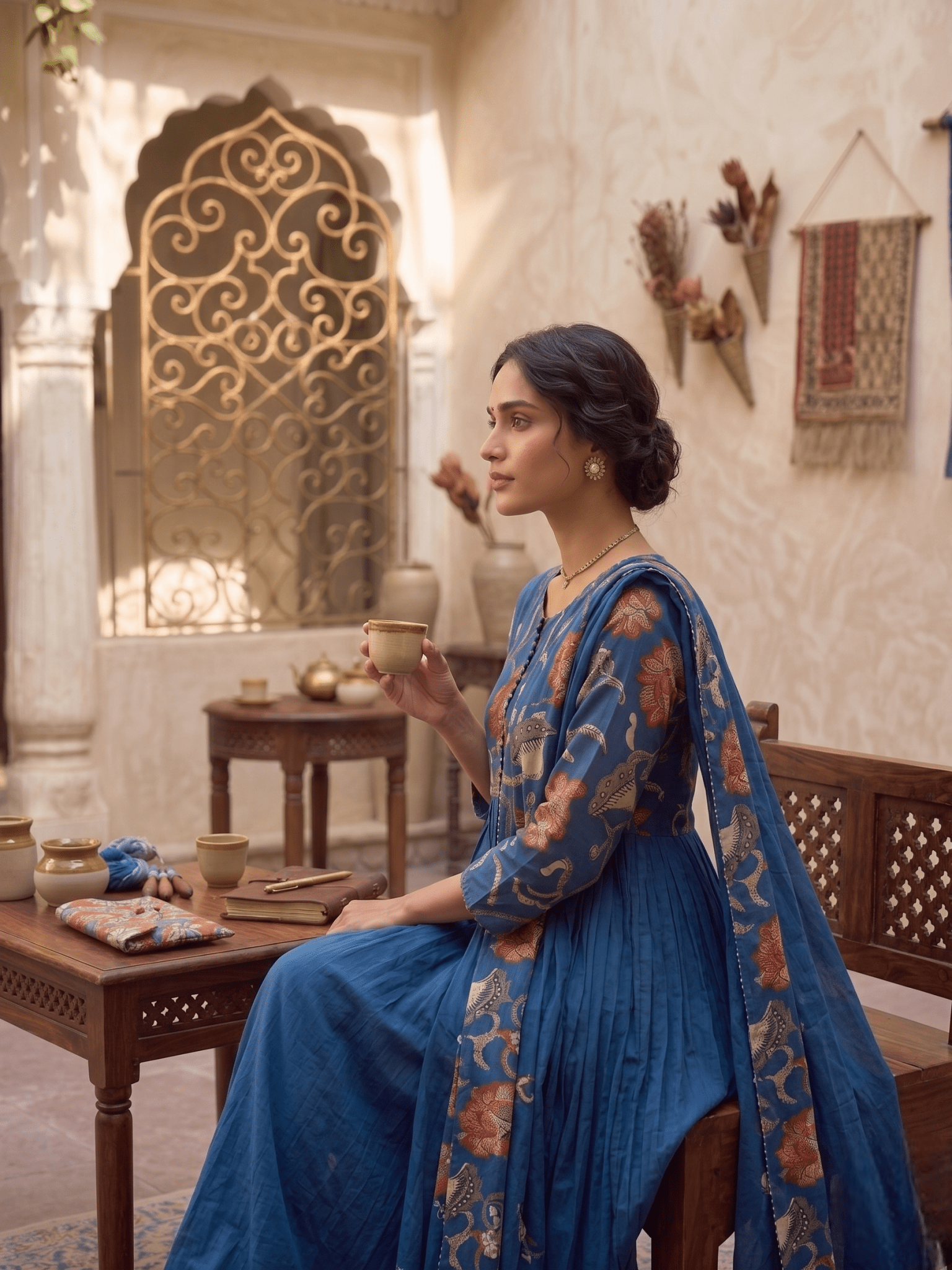 Krishna Creations Blue Floral Printed Kurta Pant Dupatta Set for Women - Krishna Creations