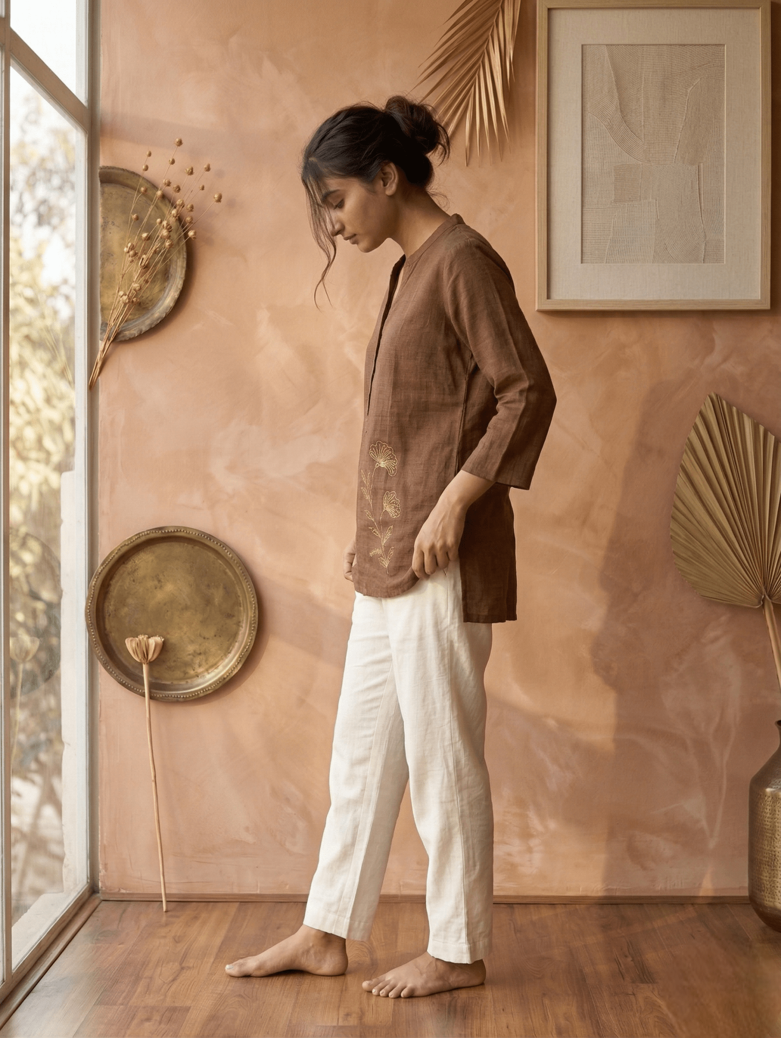 Krishna Creations Brown Embroidered Cotton Co - Ord Set for Women - Krishna Creations