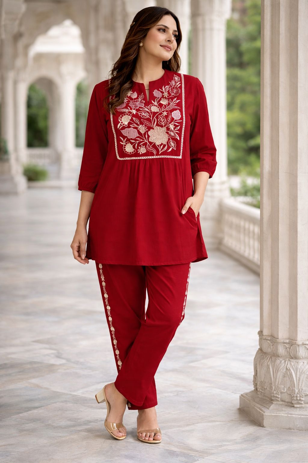 Krishna Creations Embroidered Cotton Kurta Pant Set for Women - Krishna Creations