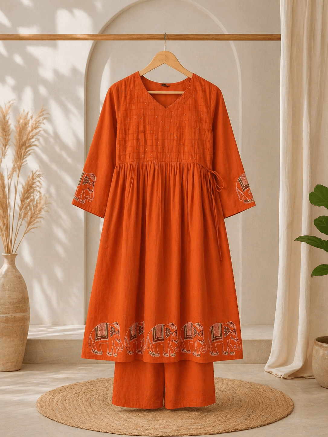 Women Orange Cotton Kurta Set | Krishna Creations Ethnic Wear - Krishna Creations