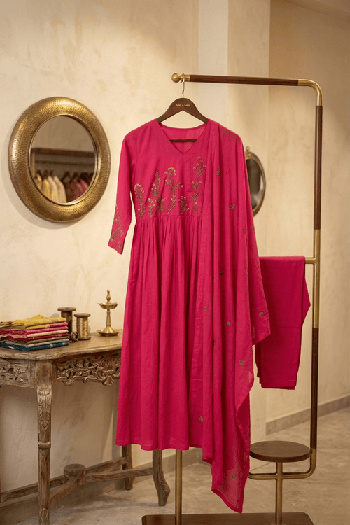 Fuchsia Pink Floral Embroidered Anarkali | Krishna Creations - Krishna Creations