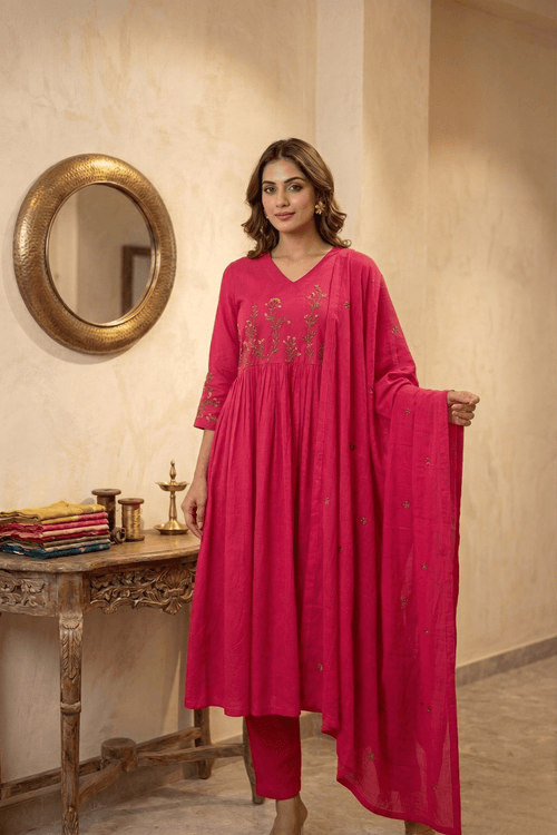 Fuchsia Pink Floral Embroidered Anarkali | Krishna Creations - Krishna Creations