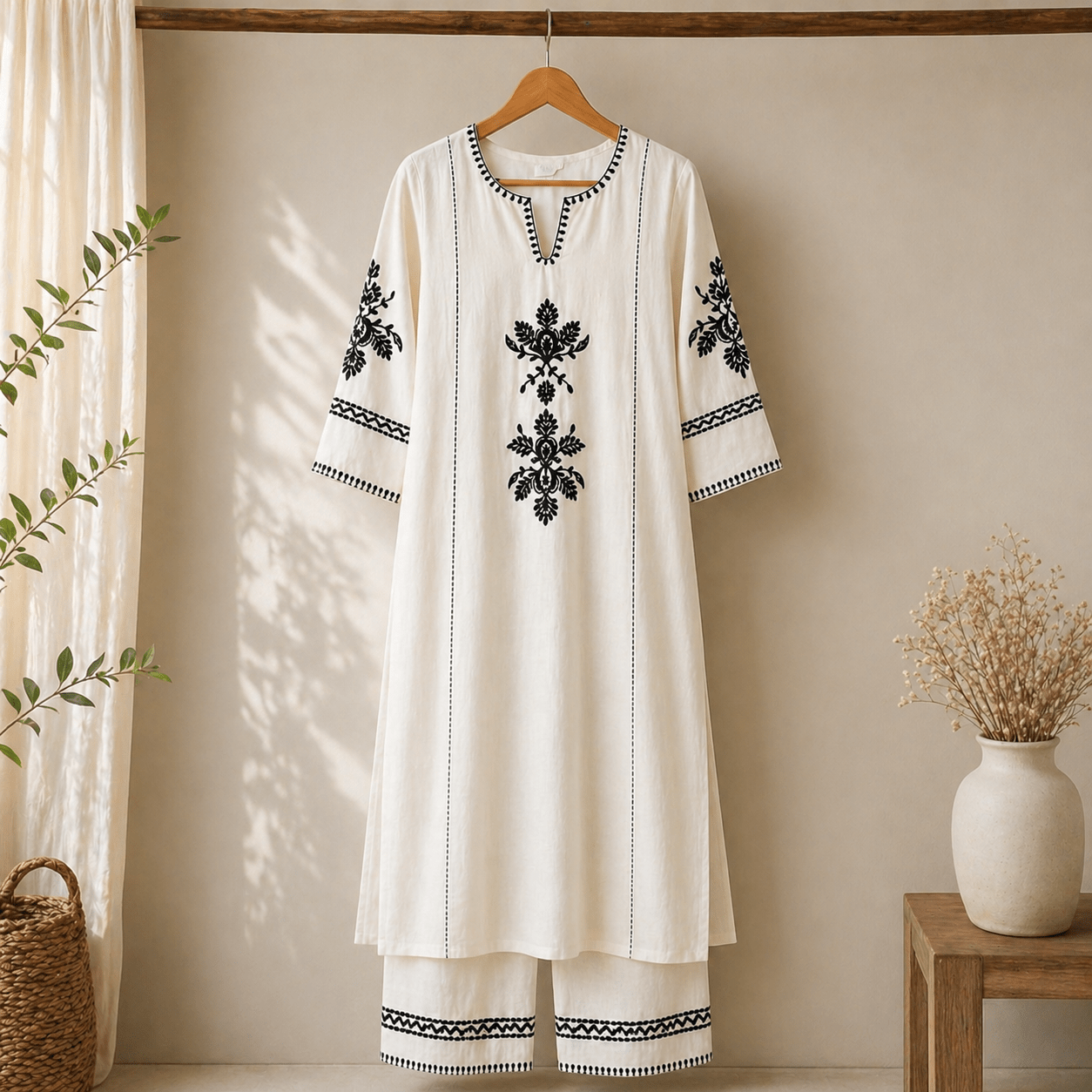 Krishna Creations Women Cotton Embroidered Kurta Pant Set | Kurta Set Women, Kurti for Women, Ethnic Wear - Krishna Creations