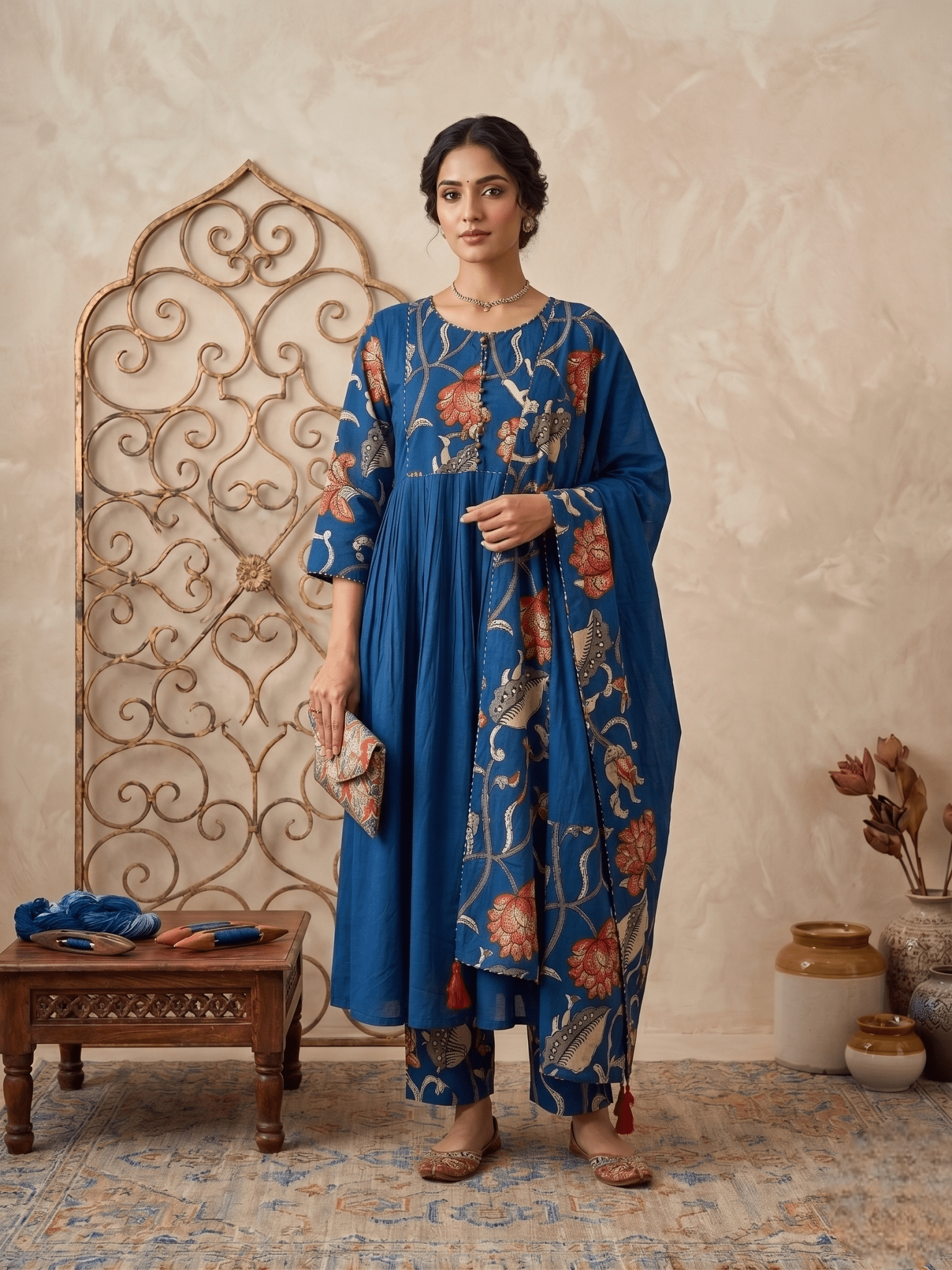 Krishna Creations Blue Floral Printed Kurta Pant Dupatta Set for Women - Krishna Creations