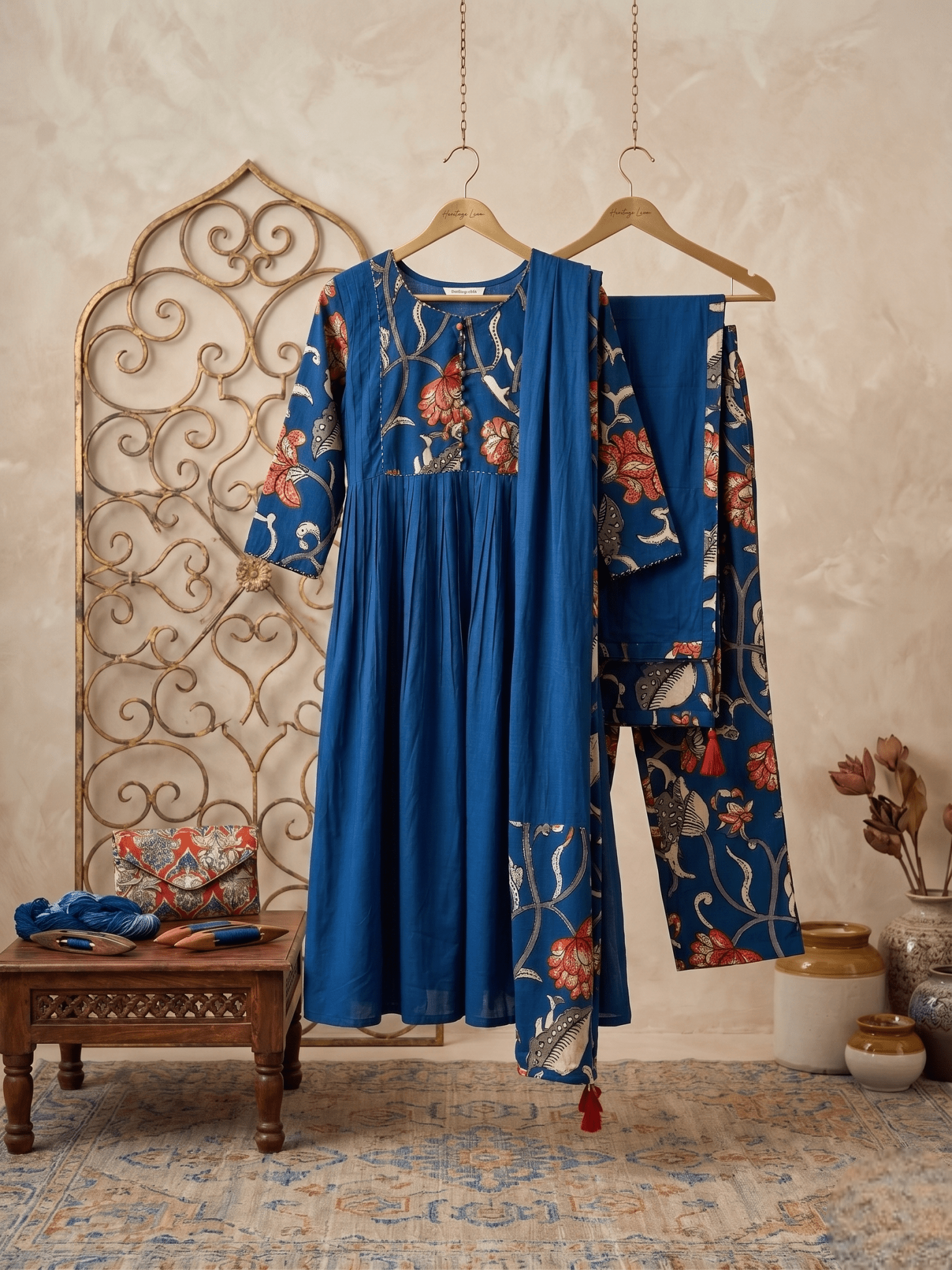 Krishna Creations Blue Floral Printed Kurta Pant Dupatta Set for Women - Krishna Creations