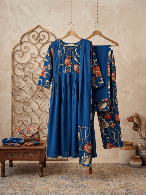 Krishna Creations Blue Floral Printed Kurta Pant Dupatta Set for Women - Krishna Creations