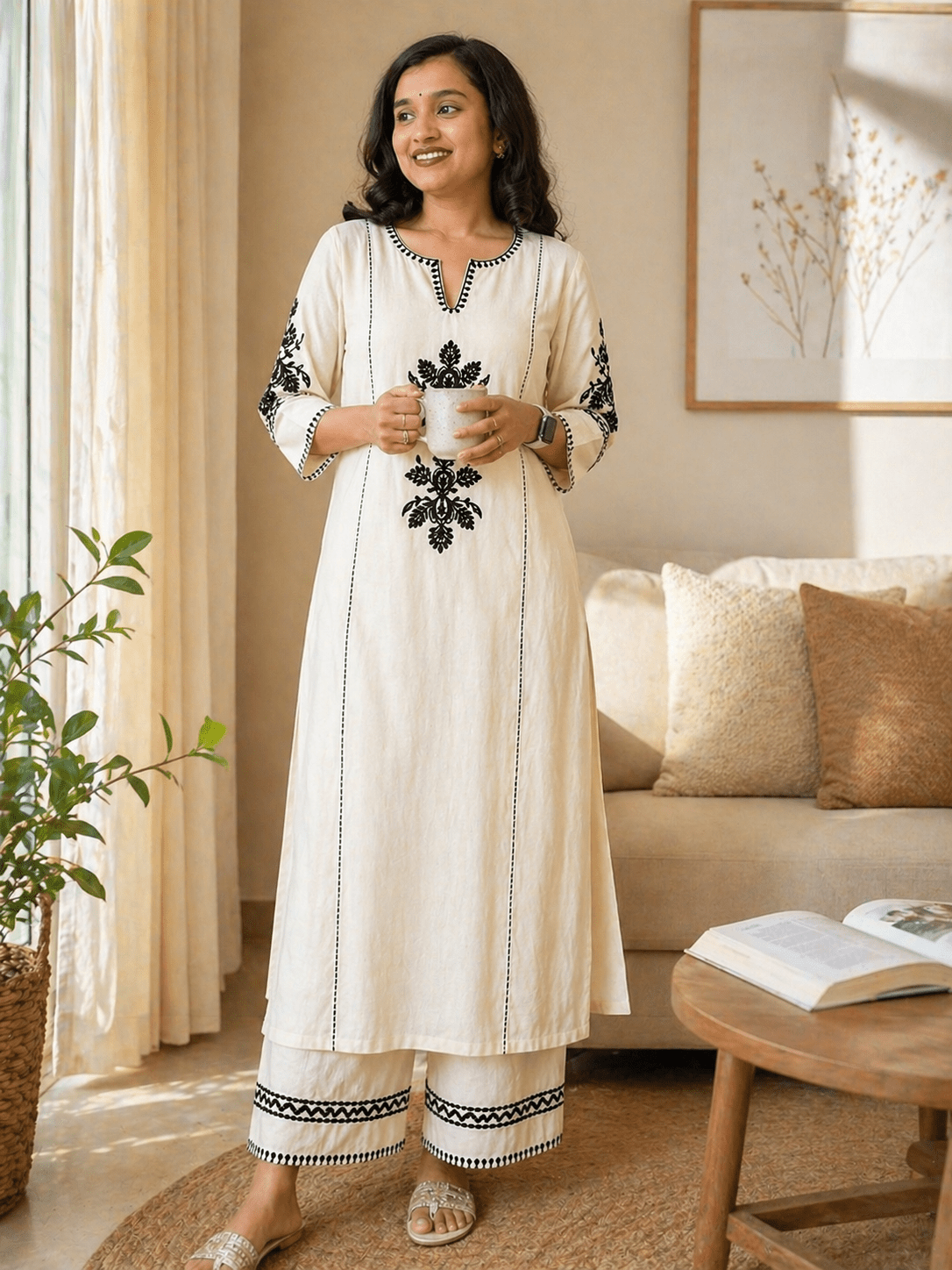 Krishna Creations Women Cotton Embroidered Kurta Pant Set | Kurta Set Women, Kurti for Women, Ethnic Wear - Krishna Creations