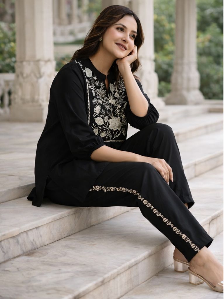 Krishna Creations Embroidered Cotton Kurta Pant Set for Women - Krishna Creations