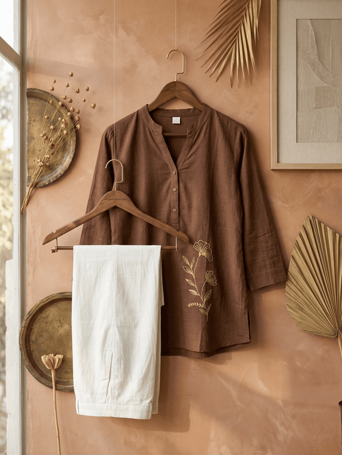 Krishna Creations Brown Embroidered Cotton Co - Ord Set for Women - Krishna Creations
