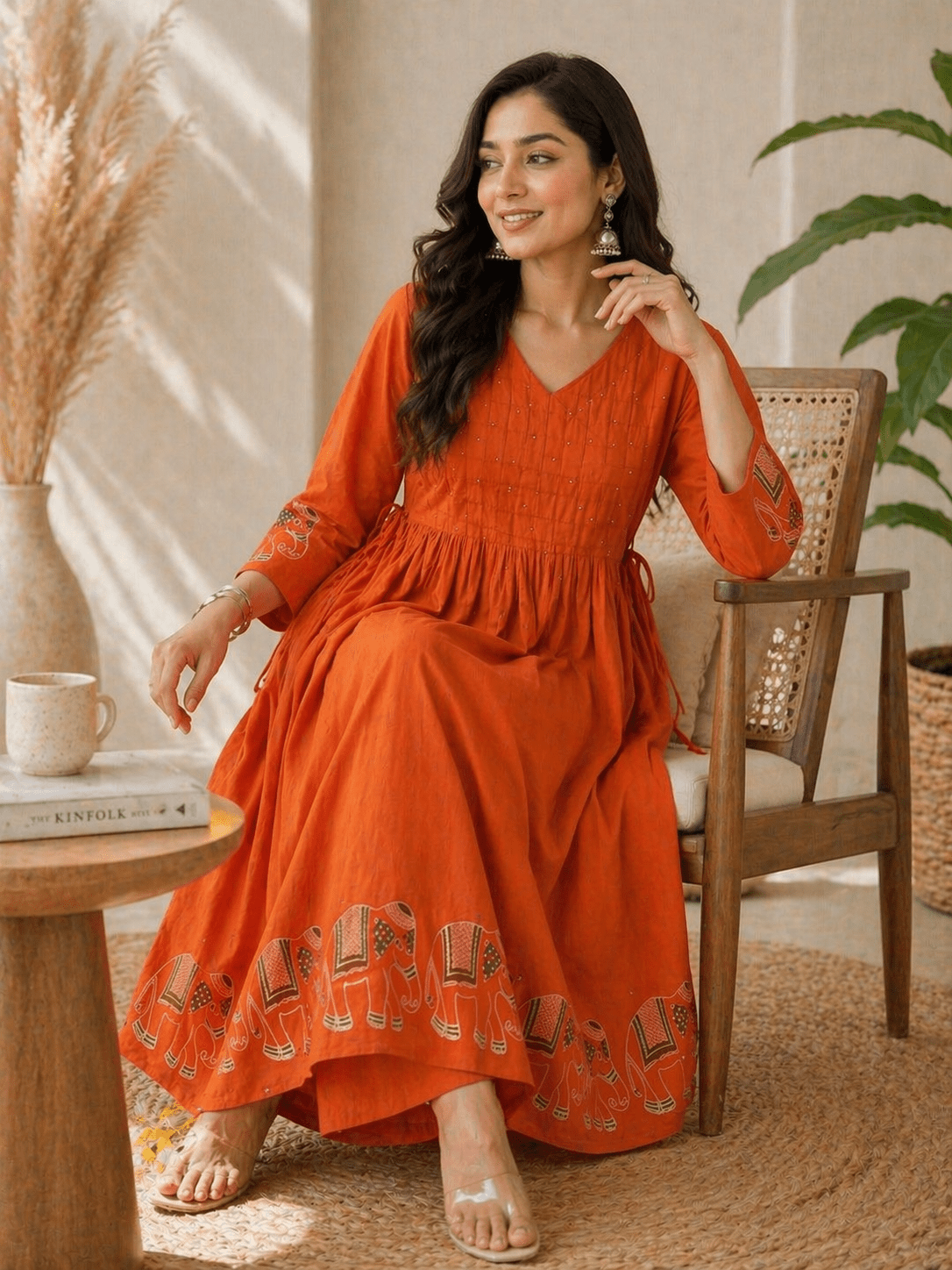 Women Orange Cotton Kurta Set | Krishna Creations Ethnic Wear - Krishna Creations