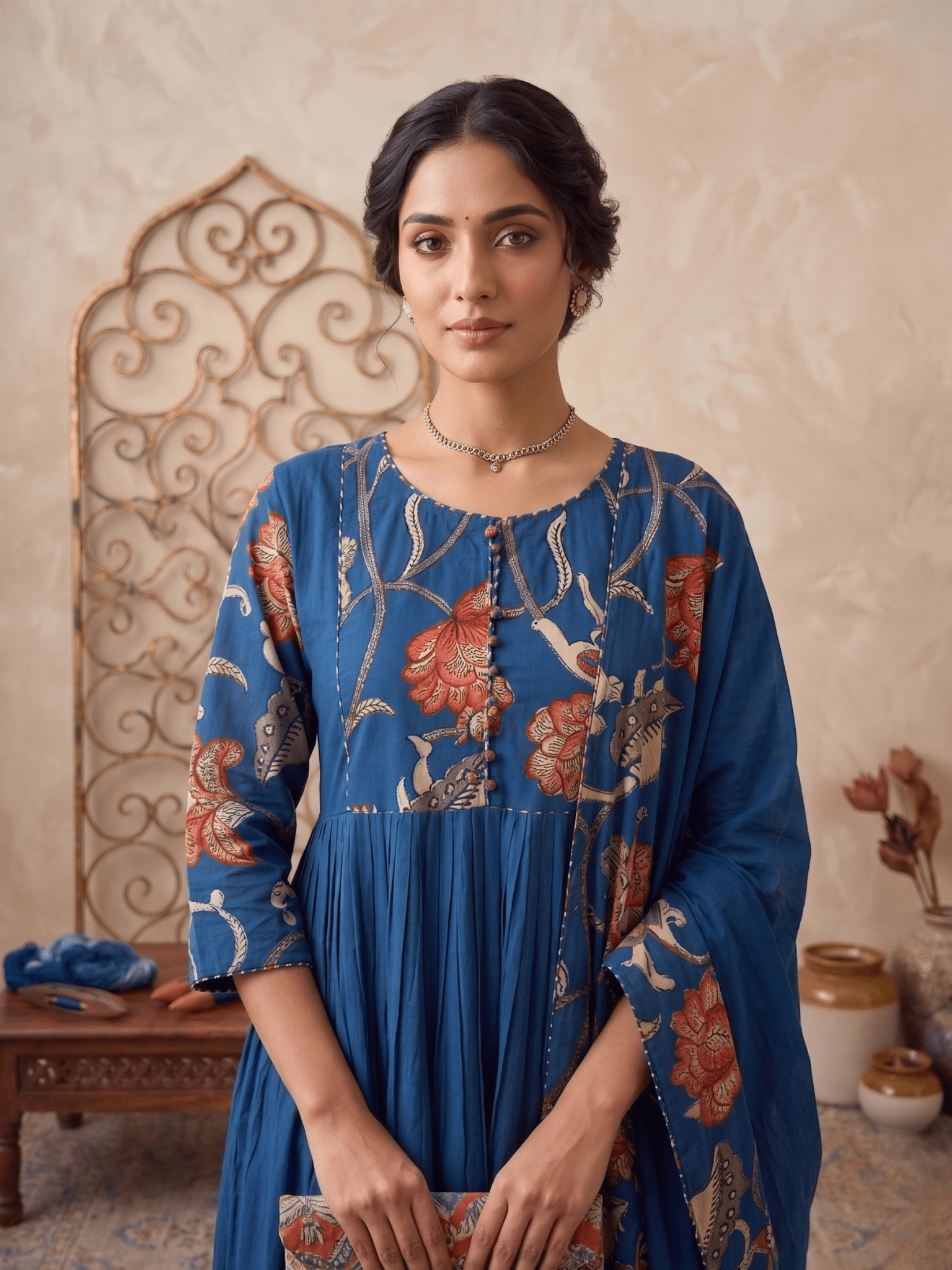 Krishna Creations Blue Floral Printed Kurta Pant Dupatta Set for Women - Krishna Creations