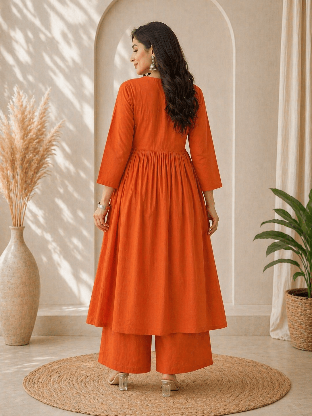 Women Orange Cotton Kurta Set | Krishna Creations Ethnic Wear - Krishna Creations