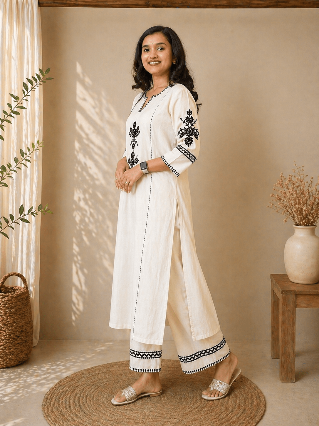 Krishna Creations Women Cotton Embroidered Kurta Pant Set | Kurta Set Women, Kurti for Women, Ethnic Wear - Krishna Creations