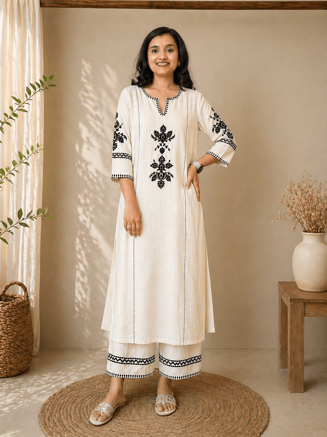 Krishna Creations Women Cotton Embroidered Kurta Pant Set | Kurta Set Women, Kurti for Women, Ethnic Wear - Krishna Creations