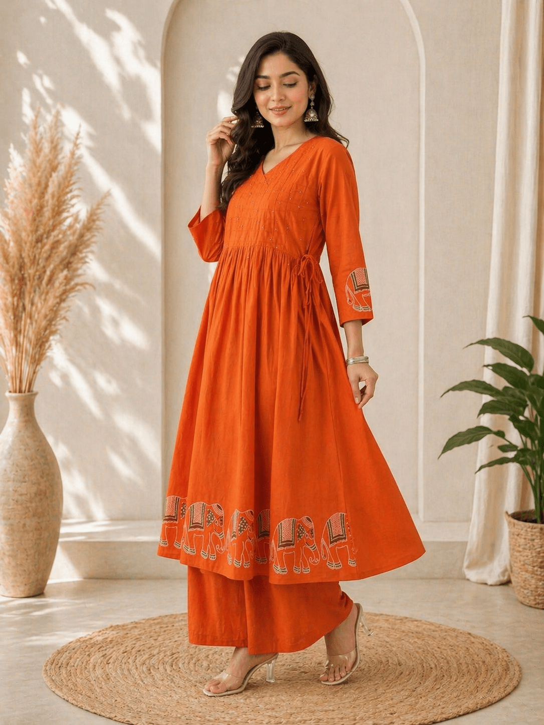Women Orange Cotton Kurta Set | Krishna Creations Ethnic Wear - Krishna Creations