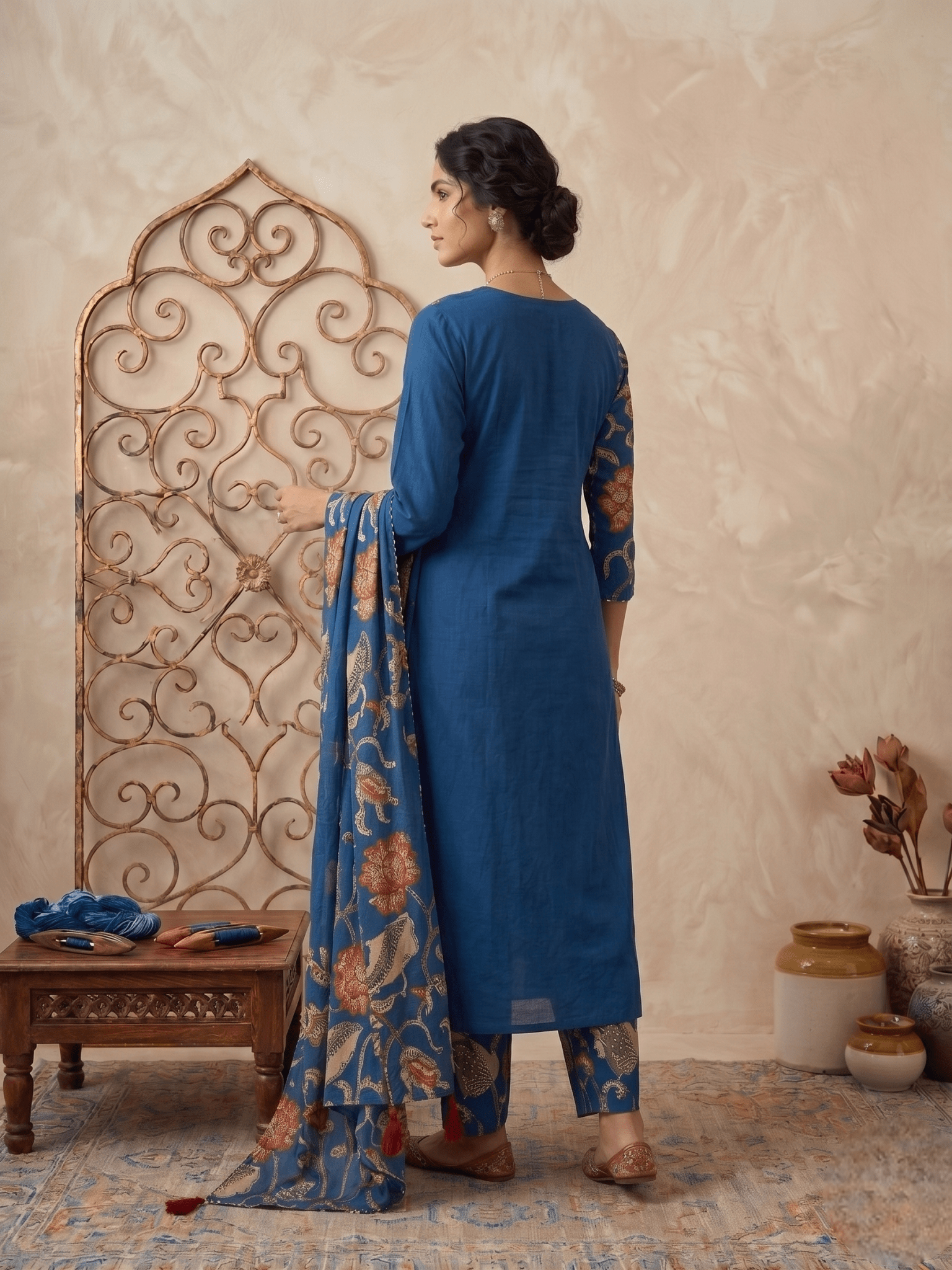 Krishna Creations Blue Floral Printed Kurta Pant Dupatta Set for Women - Krishna Creations