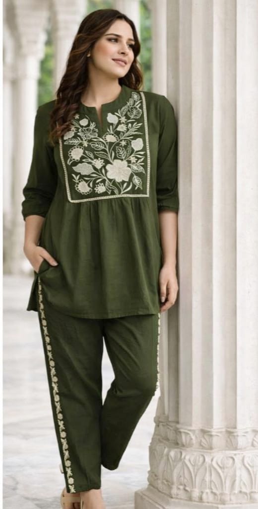 Krishna Creations Embroidered Cotton Kurta Pant Set for Women - Krishna Creations